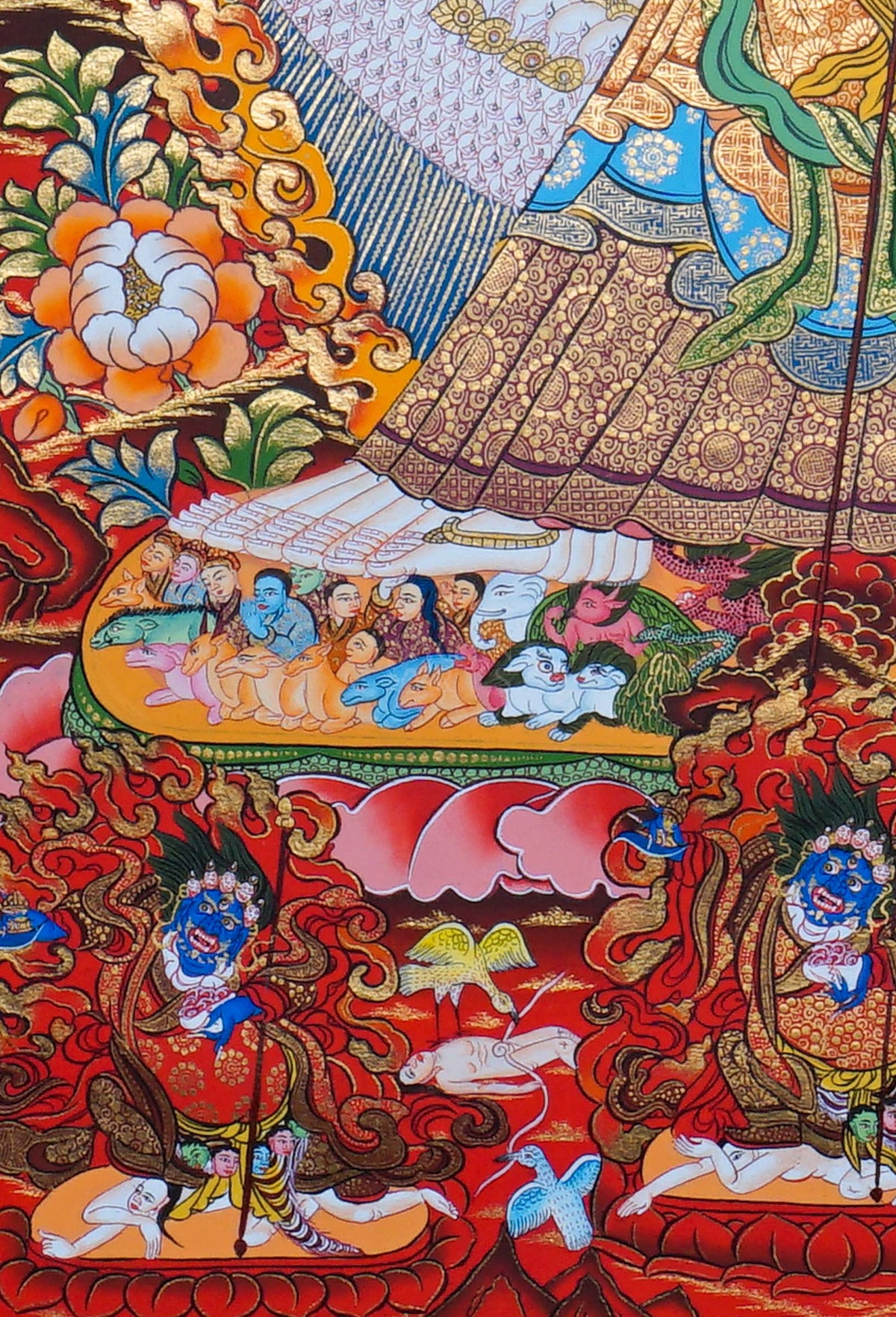 Dhukkar Thangka painting depicting the White Umbrella deity surrounded by protective figures, flames, flowers and intricate Tibetan Buddhist artwork from Nepal