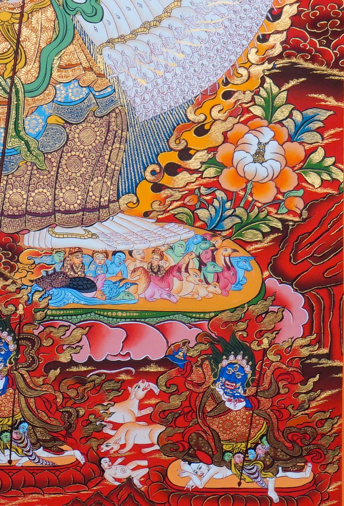 Dhukkar Thangka painting depicting the White Umbrella deity surrounded by protective figures, flames, flowers and intricate Tibetan Buddhist artwork from Nepal
