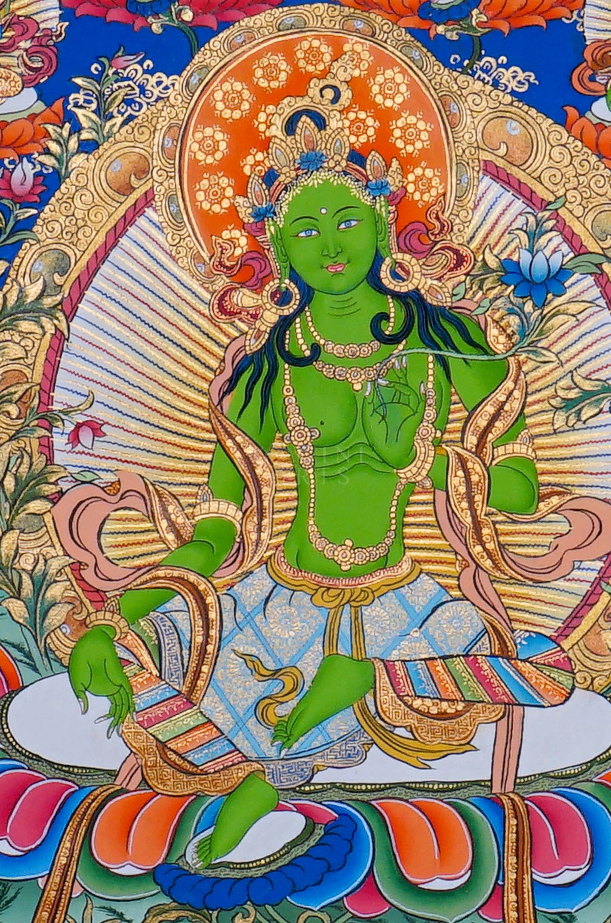 21 Tara Thangka painting featuring Green Tara surrounded by the Twenty-One Taras in traditional Tibetan Buddhist art from Nepal