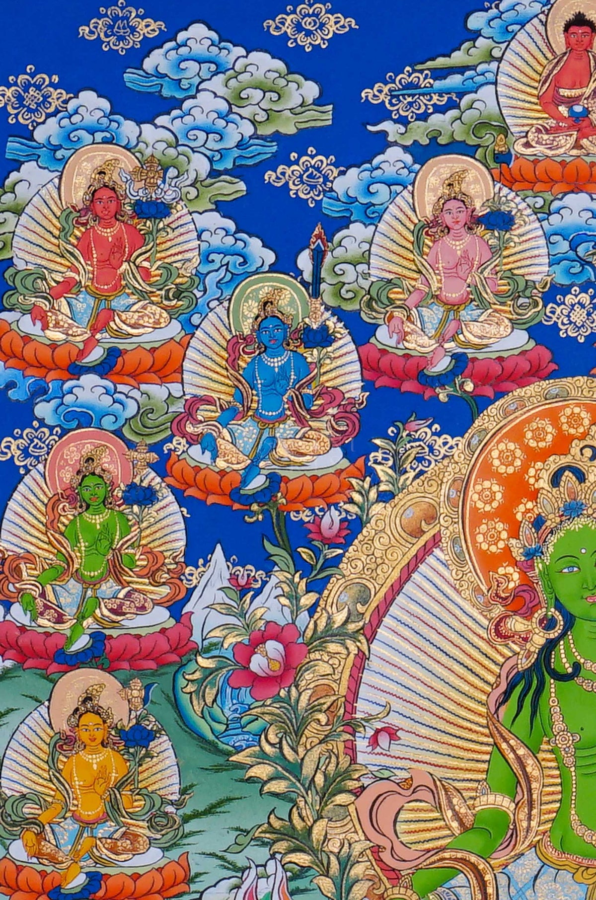 21 Tara Thangka painting featuring Green Tara surrounded by the Twenty-One Taras in traditional Tibetan Buddhist art from Nepal