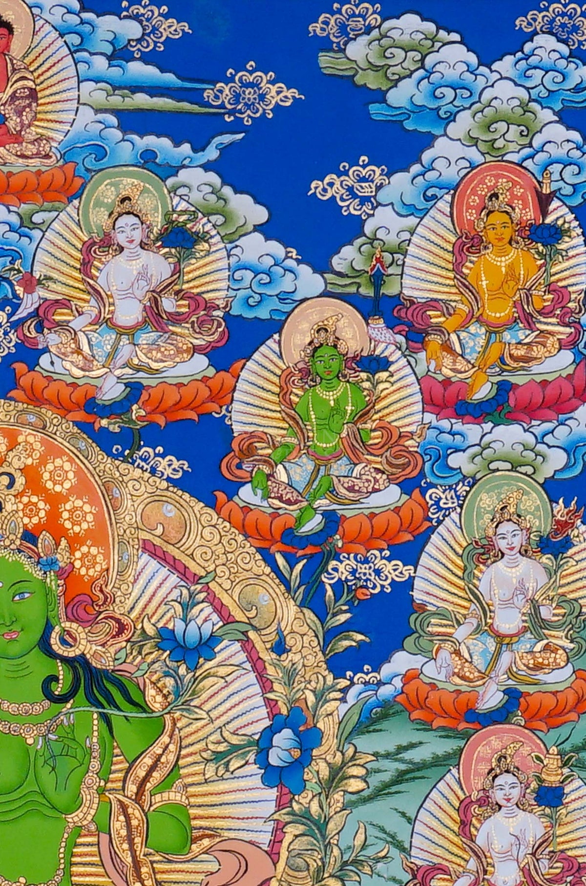 21 Tara Thangka painting featuring Green Tara surrounded by the Twenty-One Taras in traditional Tibetan Buddhist art from Nepal