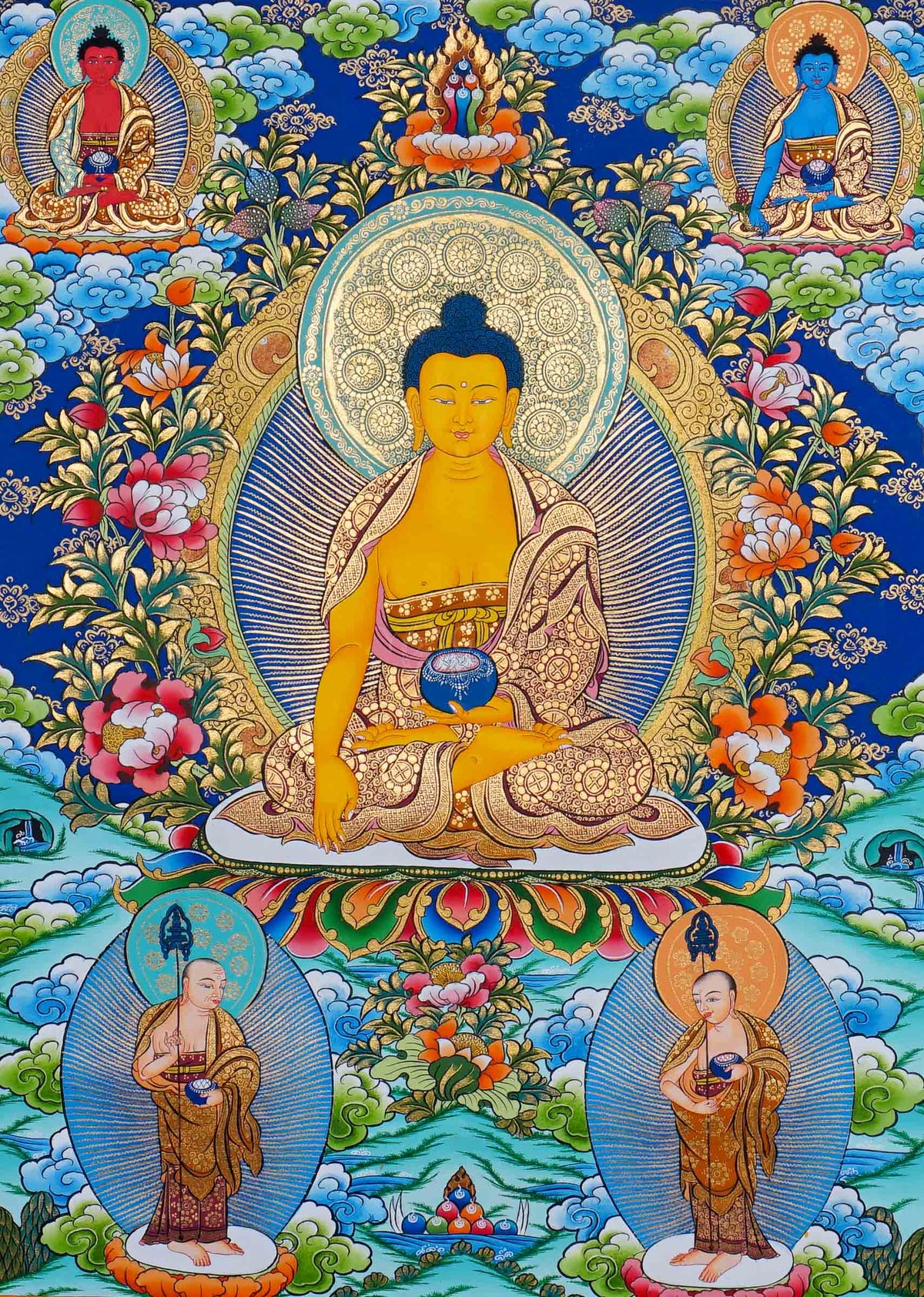 Shakyamuni Buddha Thangka painting with sacred Buddhist figures, lotus motifs and Himalayan landscape, traditional Tibetan Buddhist art from Nepal