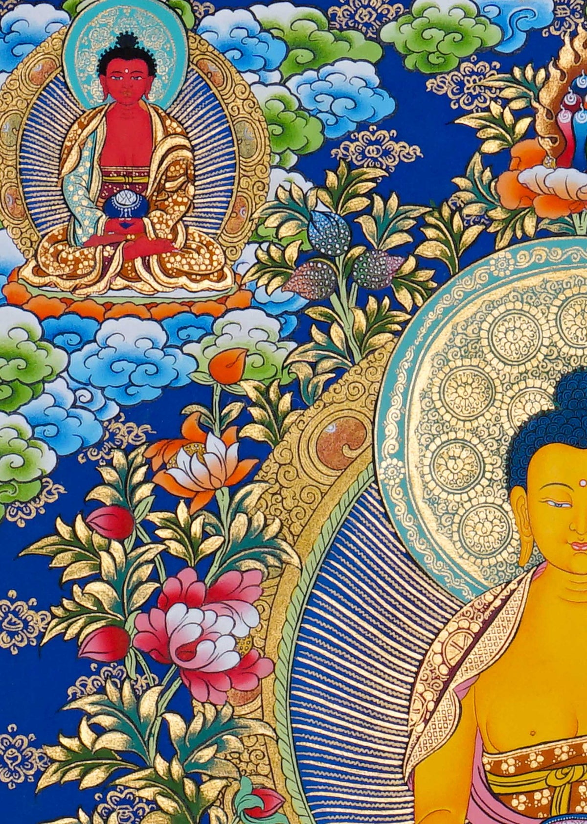 Shakyamuni Buddha Thangka painting with sacred Buddhist figures, lotus motifs and Himalayan landscape, traditional Tibetan Buddhist art from Nepal