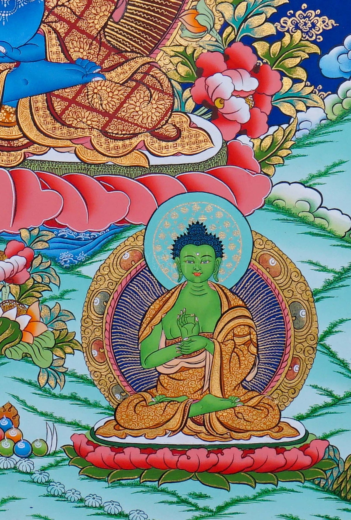 Medicine Buddha Thangka painting featuring blue Bhaisajyaguru with Buddhist figures, lotus flowers and traditional Himalayan Buddhist artwork from Nepal