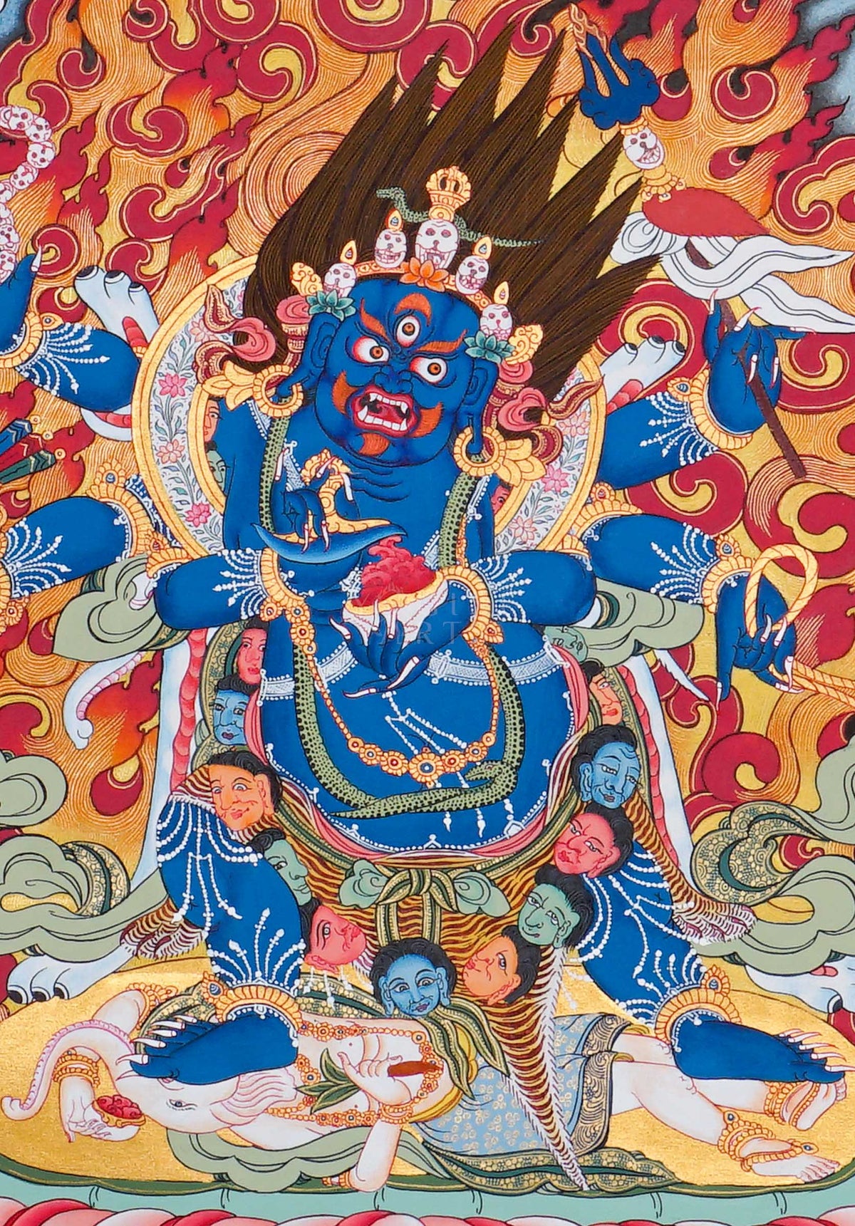 Mahakala Thangka painting depicting the blue Buddhist protector surrounded by sacred flames, lotus details and Himalayan landscape in traditional Tibetan Buddhist art from Nepal