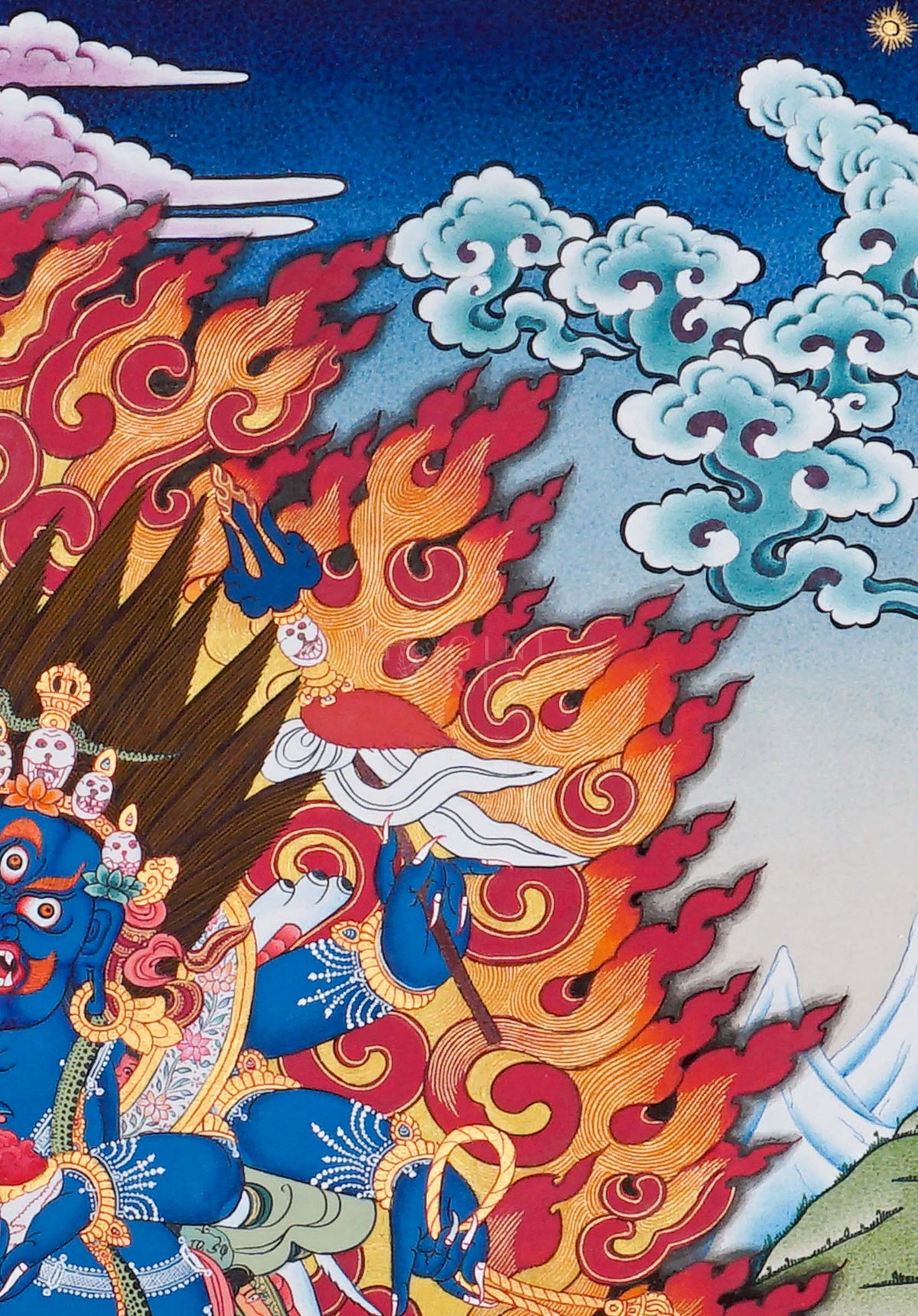 Mahakala Thangka painting depicting the blue Buddhist protector surrounded by sacred flames, lotus details and Himalayan landscape in traditional Tibetan Buddhist art from Nepal