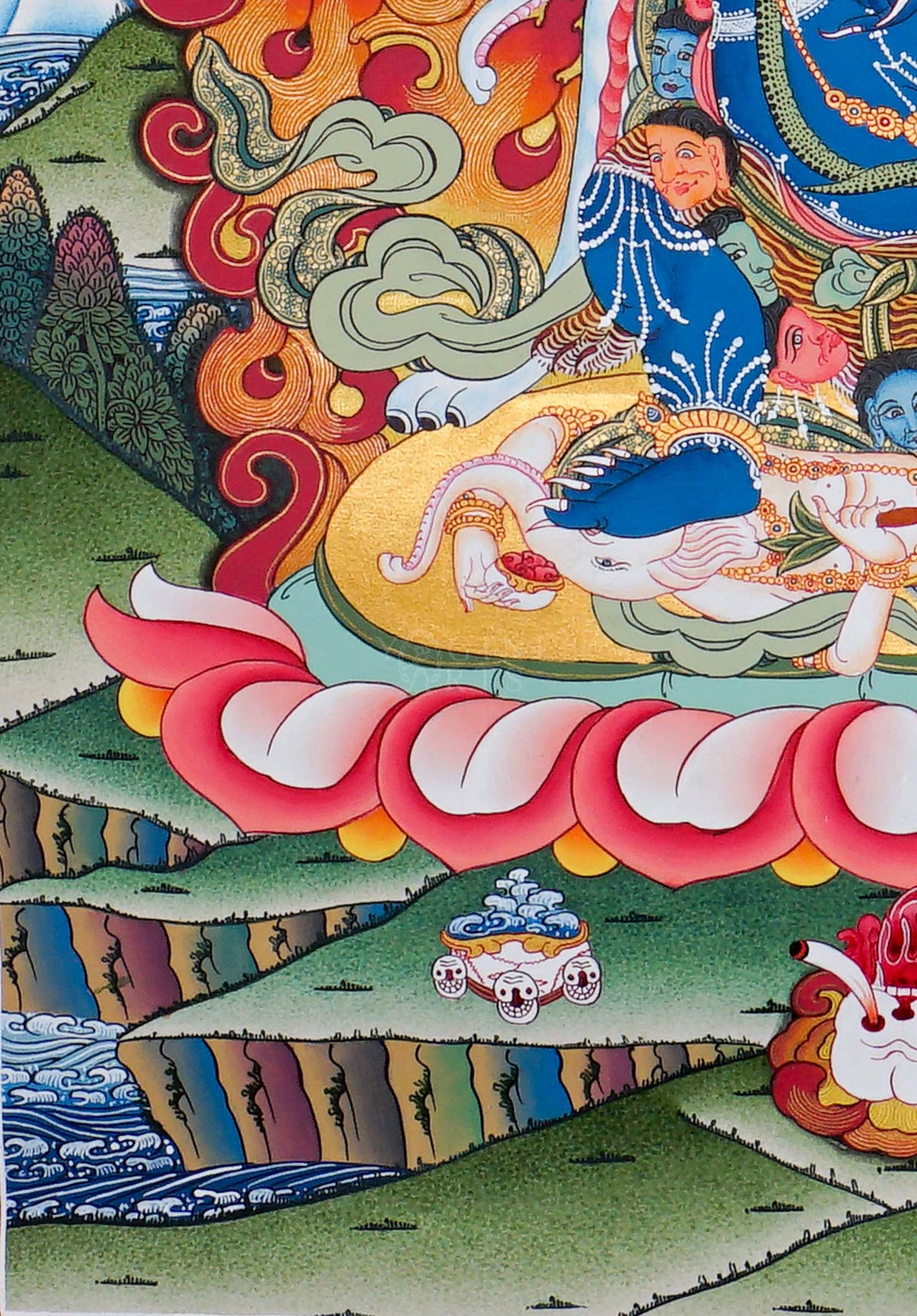 Mahakala Thangka painting depicting the blue Buddhist protector surrounded by sacred flames, lotus details and Himalayan landscape in traditional Tibetan Buddhist art from Nepal