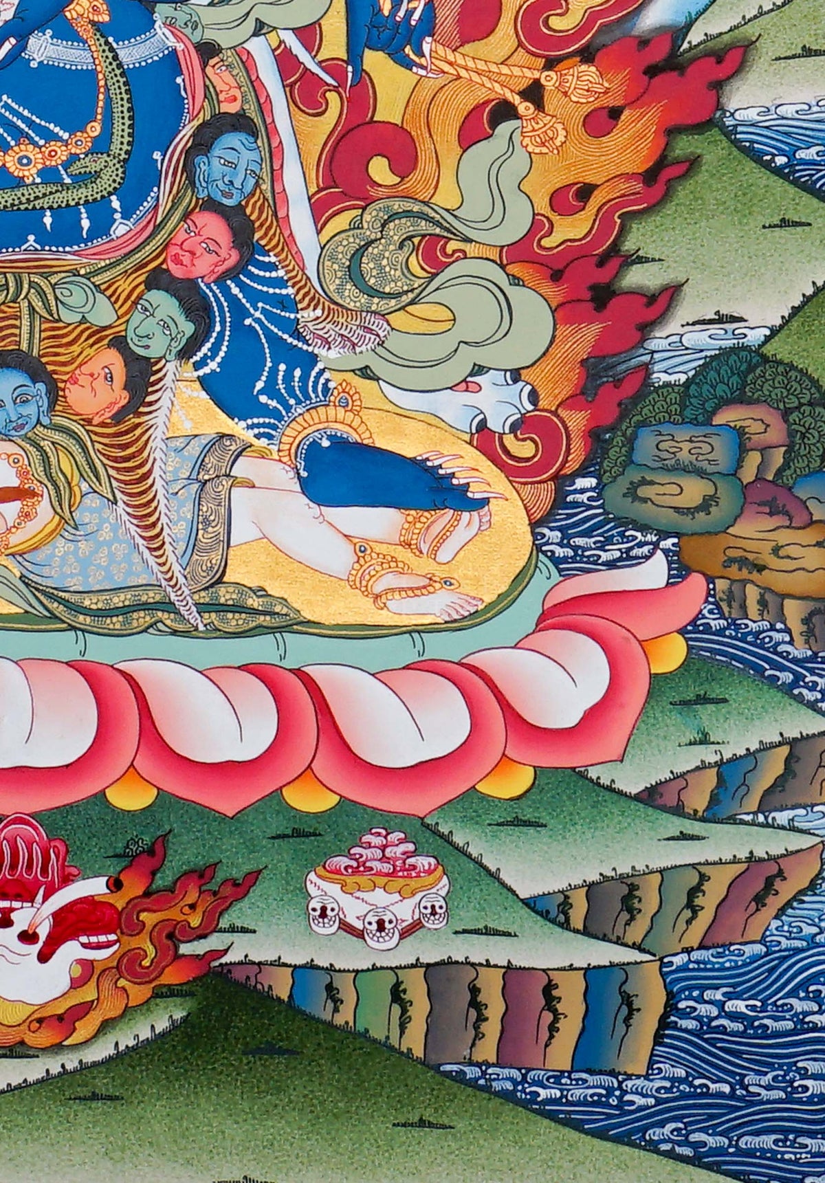 Mahakala Thangka painting depicting the blue Buddhist protector surrounded by sacred flames, lotus details and Himalayan landscape in traditional Tibetan Buddhist art from Nepal