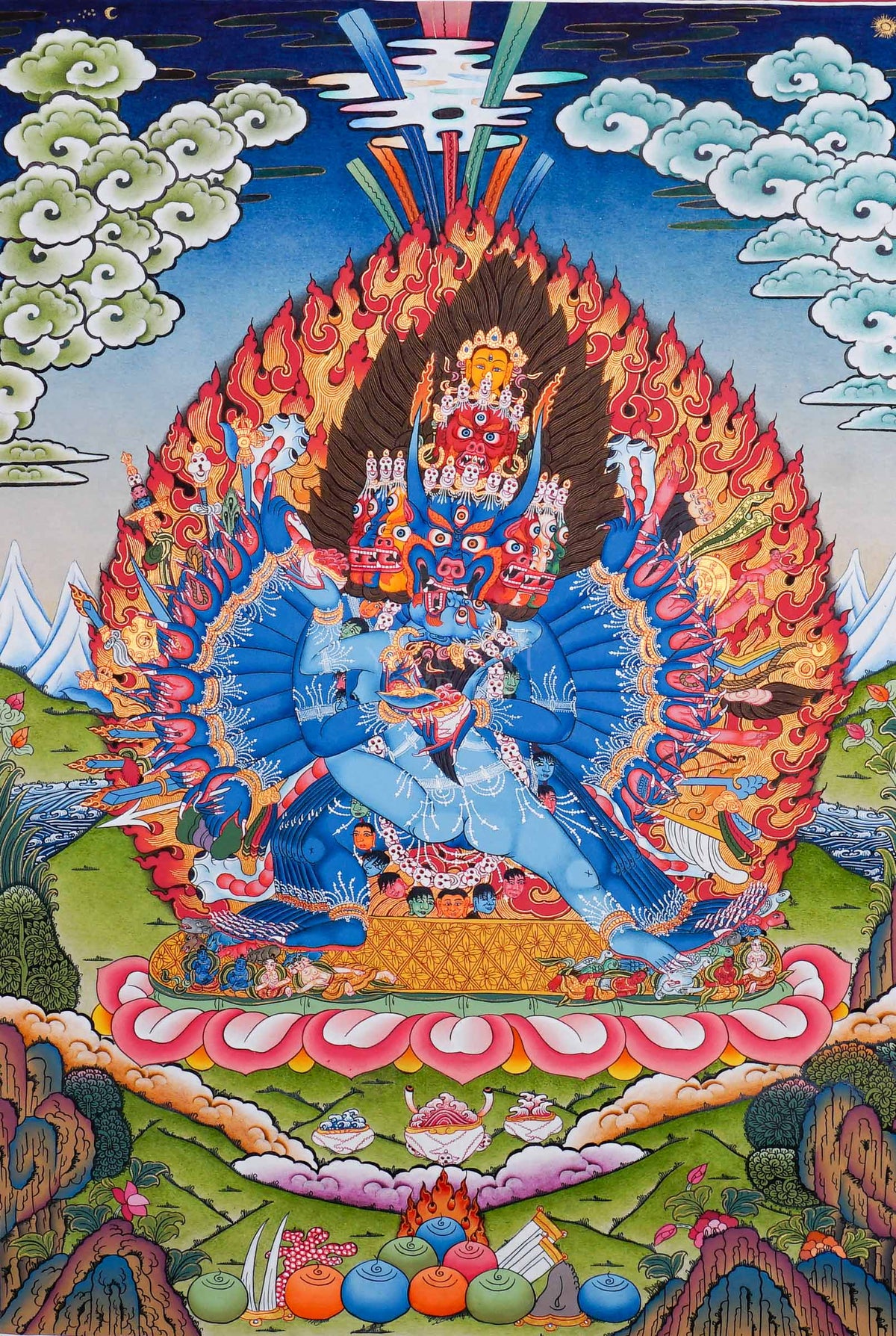 Yamantaka Thangka painting depicting the wrathful Buddhist deity surrounded by flames, symbolic figures, lotus petals and Himalayan landscape in traditional Tibetan Buddhist art from Nepal