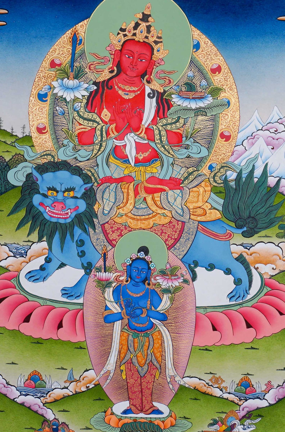 Hand painted Singha Manjushree Thangka painting depicting Manjushree seated on a snow lion in traditional Nepalese Buddhist art