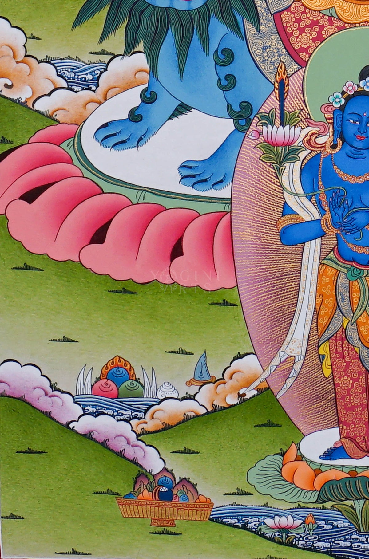 Hand painted Singha Manjushree Thangka painting depicting Manjushree seated on a snow lion in traditional Nepalese Buddhist art
