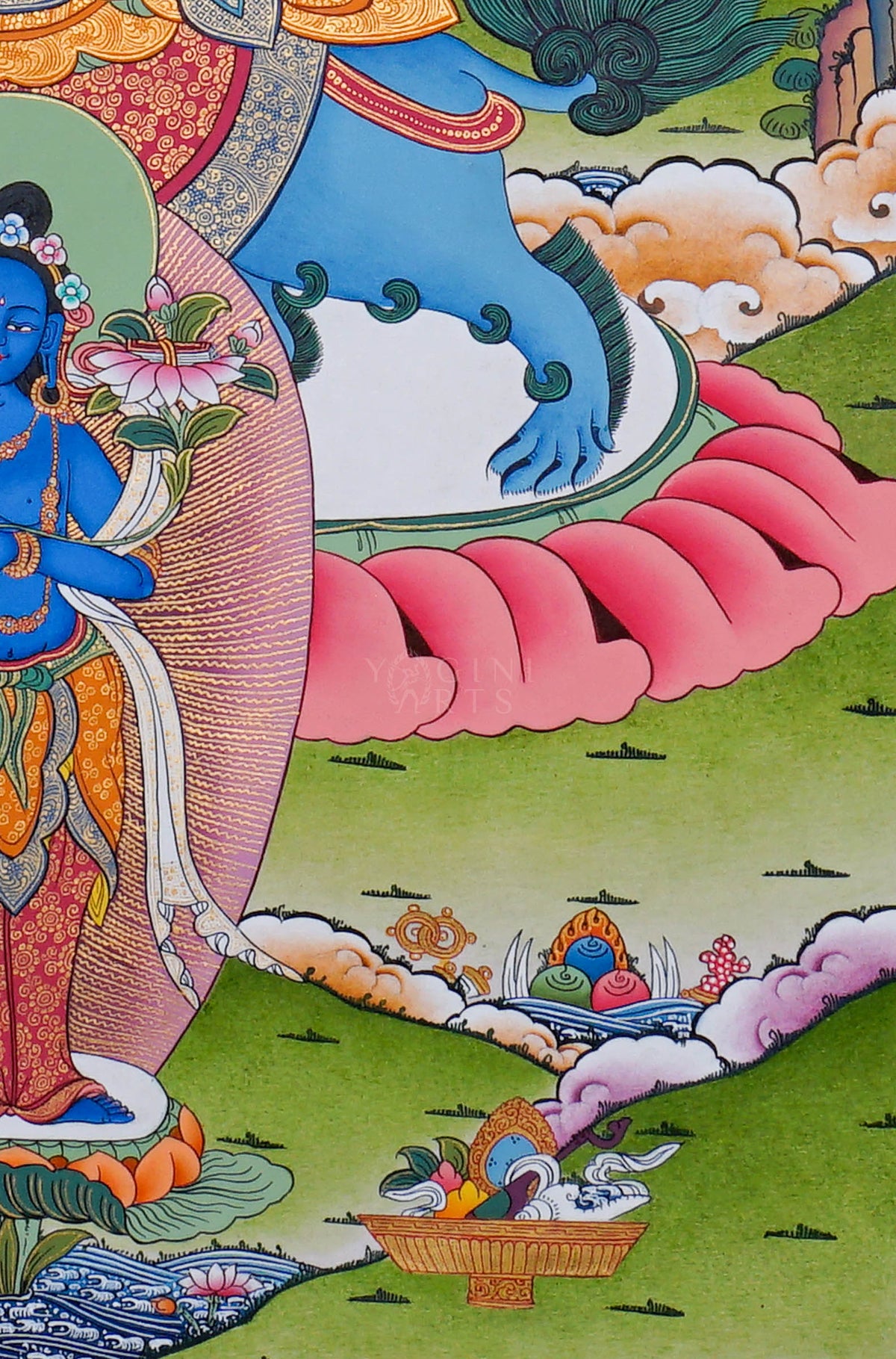 Hand painted Singha Manjushree Thangka painting depicting Manjushree seated on a snow lion in traditional Nepalese Buddhist art