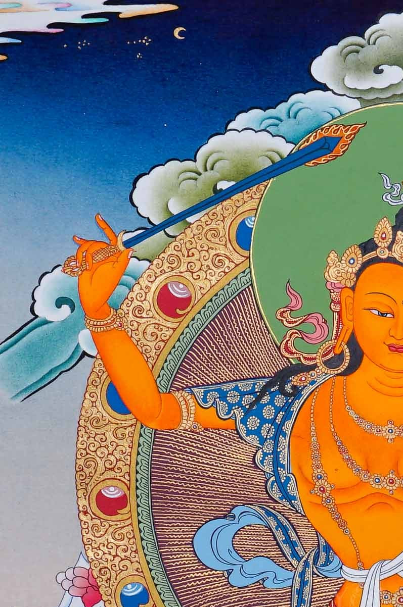 Hand painted Manjushree Thangka painting depicting the Buddhist deity of wisdom seated on a lotus throne in traditional Nepalese art