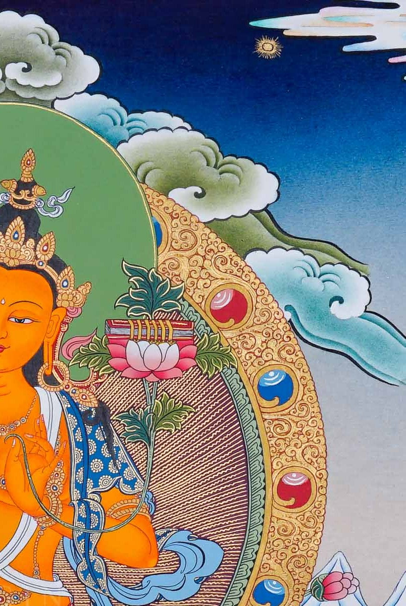Hand painted Manjushree Thangka painting depicting the Buddhist deity of wisdom seated on a lotus throne in traditional Nepalese art