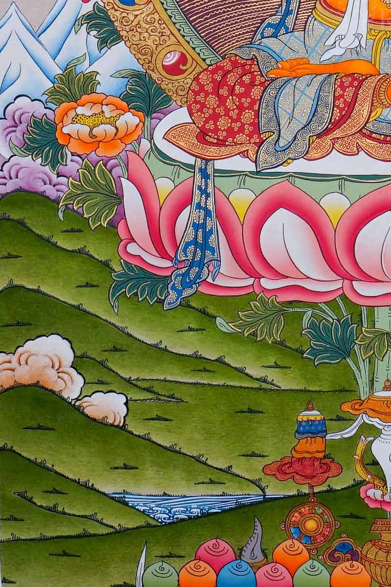 Hand painted Manjushree Thangka painting depicting the Buddhist deity of wisdom seated on a lotus throne in traditional Nepalese art