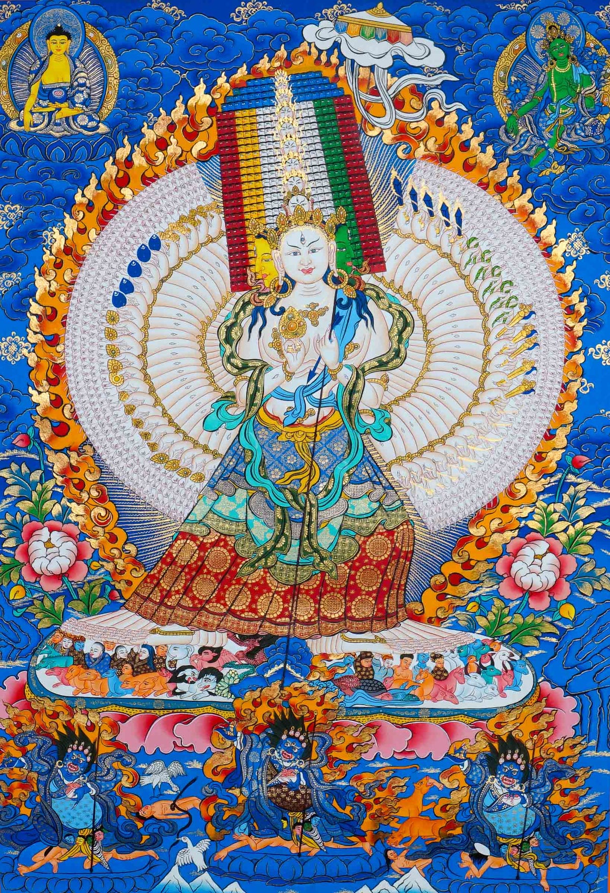 Hand painted Dhukkar Thangka painting featuring multiple arms, sacred figures, ornate halos, and traditional Himalayan Buddhist artwork