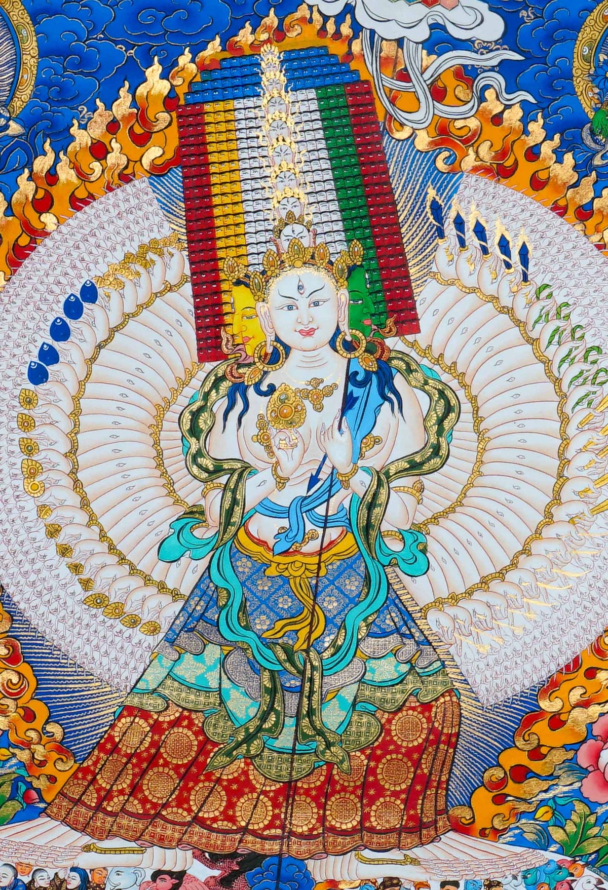 Hand painted Dhukkar Thangka painting featuring multiple arms, sacred figures, ornate halos, and traditional Himalayan Buddhist artwork