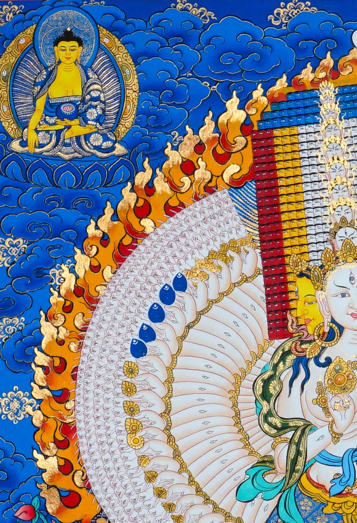 Hand painted Dhukkar Thangka painting featuring multiple arms, sacred figures, ornate halos, and traditional Himalayan Buddhist artwork