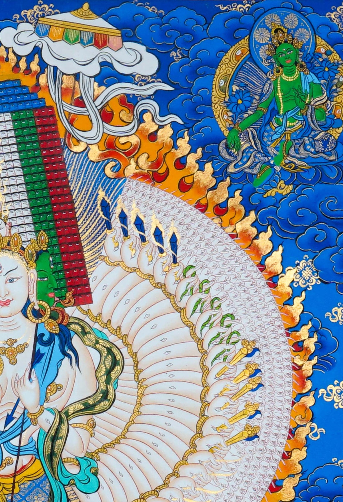 Hand painted Dhukkar Thangka painting featuring multiple arms, sacred figures, ornate halos, and traditional Himalayan Buddhist artwork