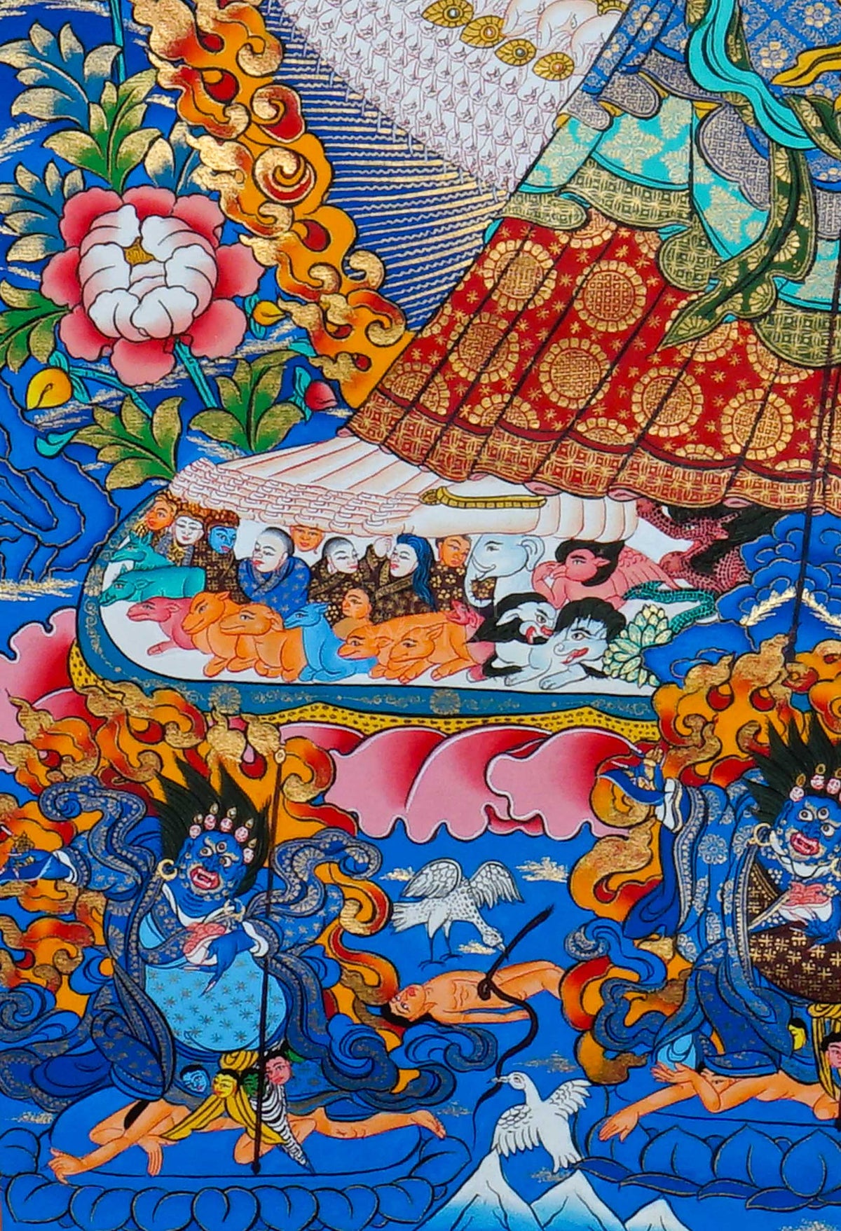 Hand painted Dhukkar Thangka painting featuring multiple arms, sacred figures, ornate halos, and traditional Himalayan Buddhist artwork