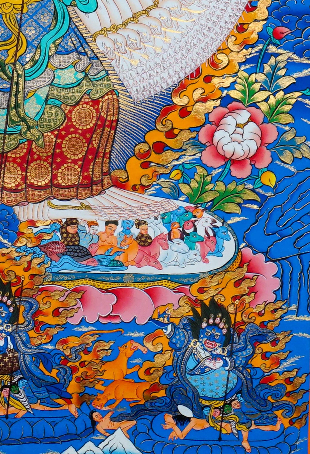 Hand painted Dhukkar Thangka painting featuring multiple arms, sacred figures, ornate halos, and traditional Himalayan Buddhist artwork