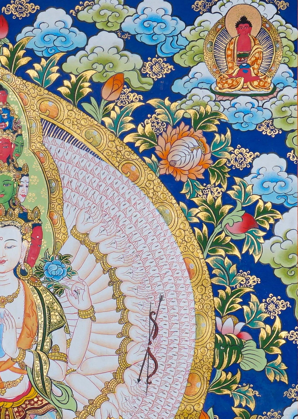 Hand painted Avalokeshwor Thangka painting depicting the compassionate Buddhist deity with multiple arms in traditional Nepalese Buddhist art