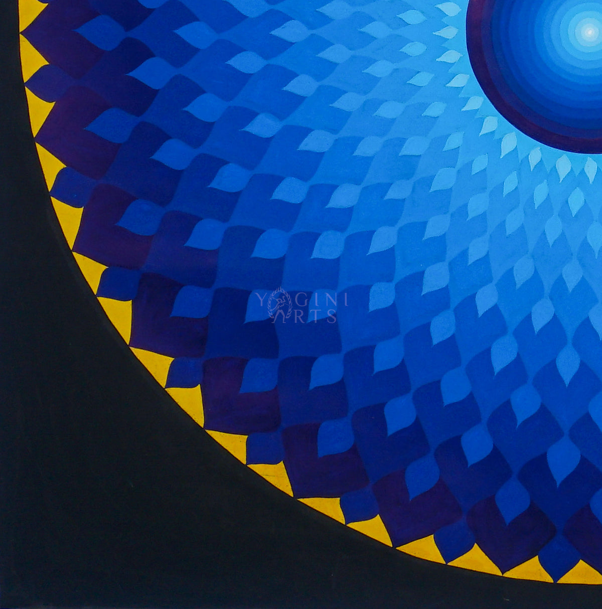 Blue Lotus Mandala Thangka painting with layered blue and purple petals, golden-yellow accents, a central blue circle, and a dark background, 70 x 70 cm