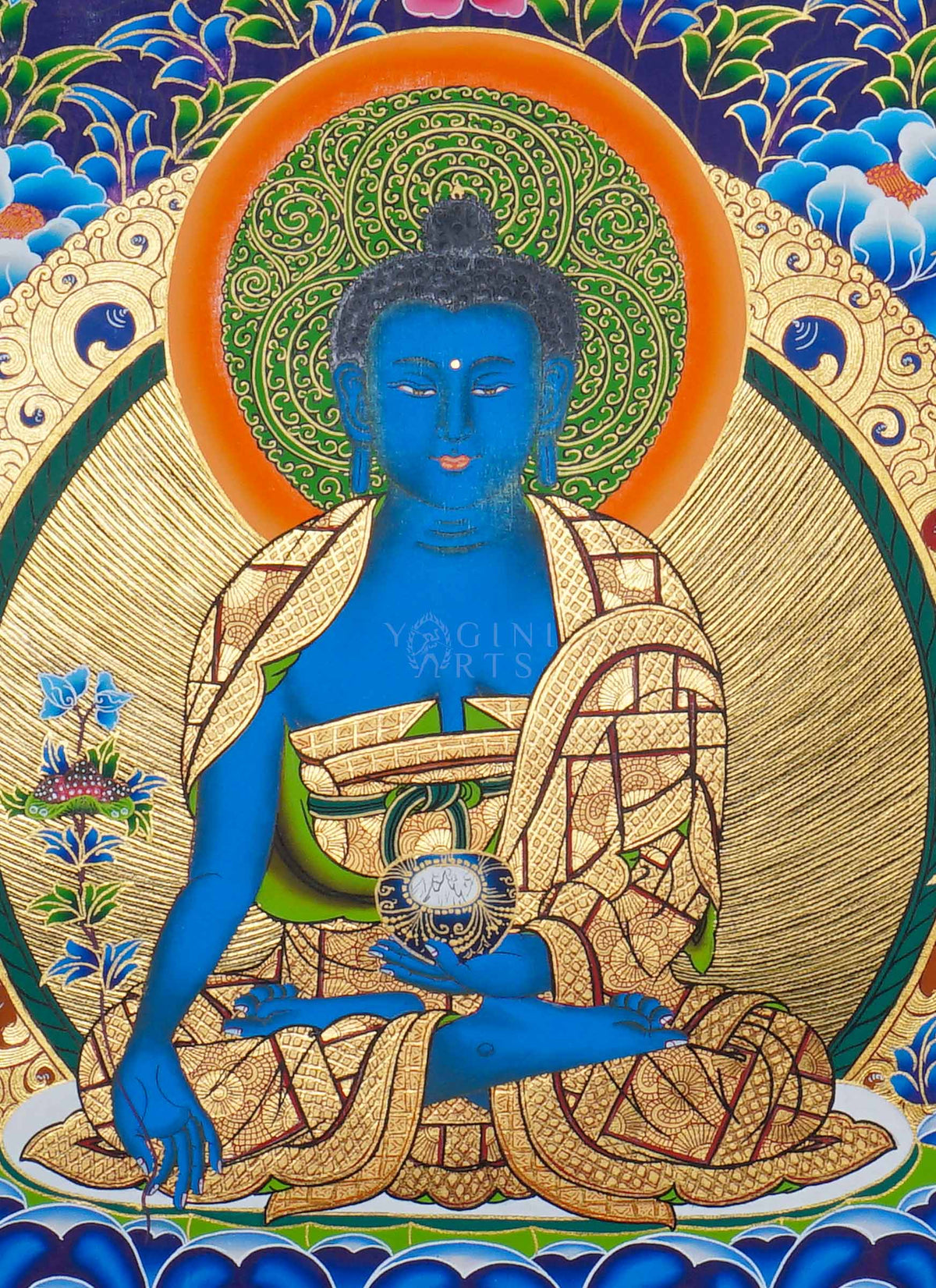 Hand painted Medicine Buddha Thangka painting depicting the blue Medicine Buddha seated on a lotus throne in traditional Nepalese Buddhist art