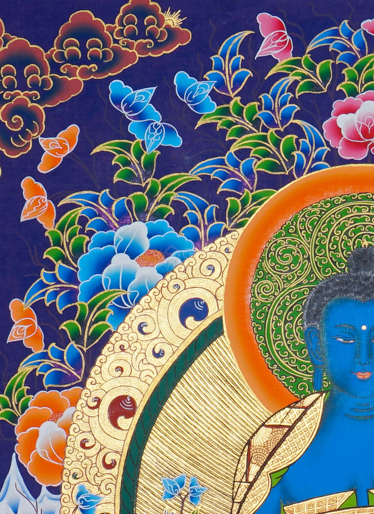Hand painted Medicine Buddha Thangka painting depicting the blue Medicine Buddha seated on a lotus throne in traditional Nepalese Buddhist art