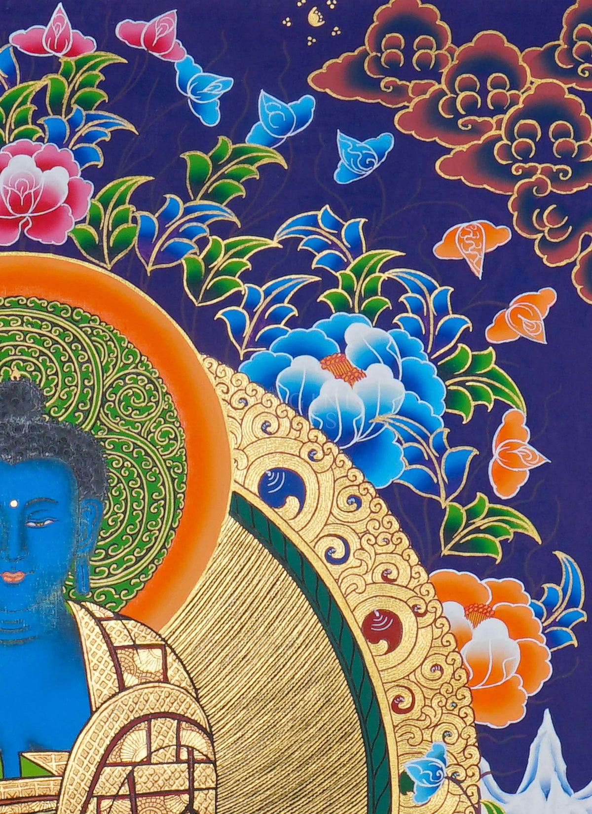 Hand painted Medicine Buddha Thangka painting depicting the blue Medicine Buddha seated on a lotus throne in traditional Nepalese Buddhist art