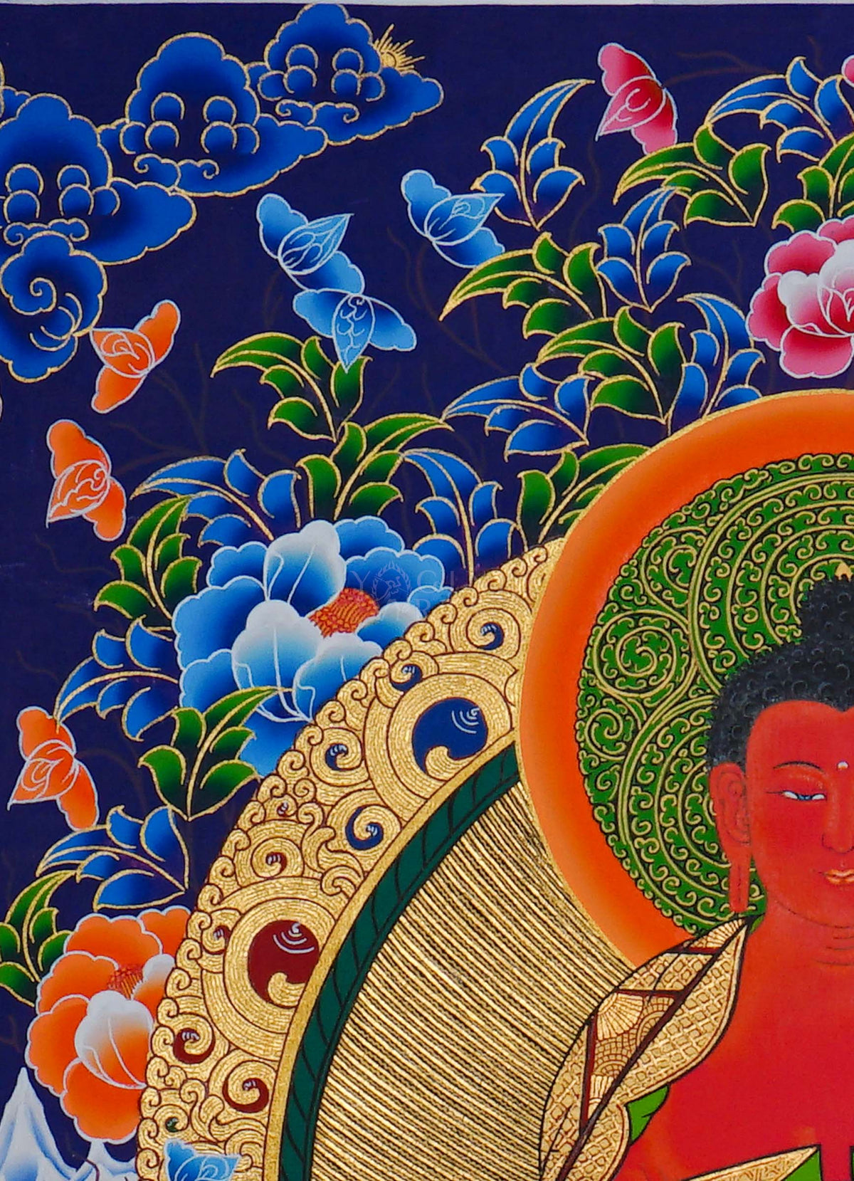 Hand painted Amitabha Buddha Thangka painting depicting Amitabha seated on a lotus throne with intricate traditional Nepalese Buddhist artwork