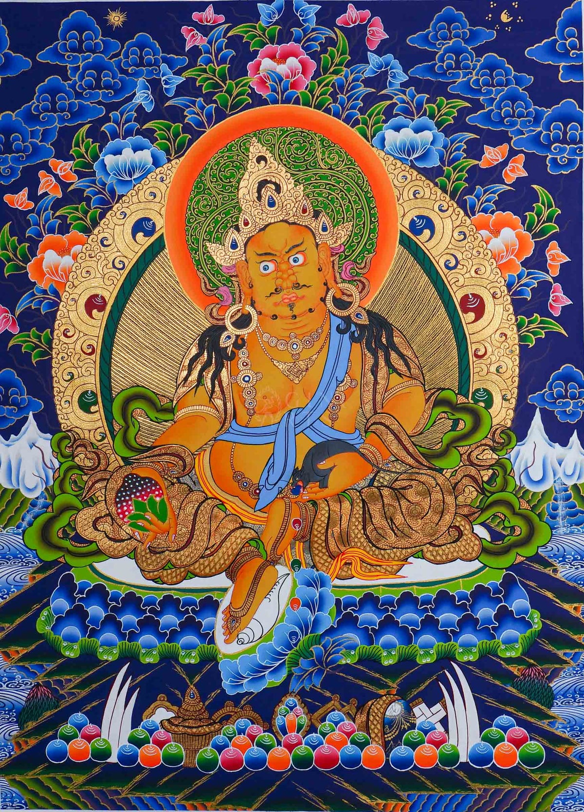 Hand painted Zambala Thangka painting depicting the Buddhist deity of prosperity seated on a lotus throne in traditional Nepalese Buddhist art