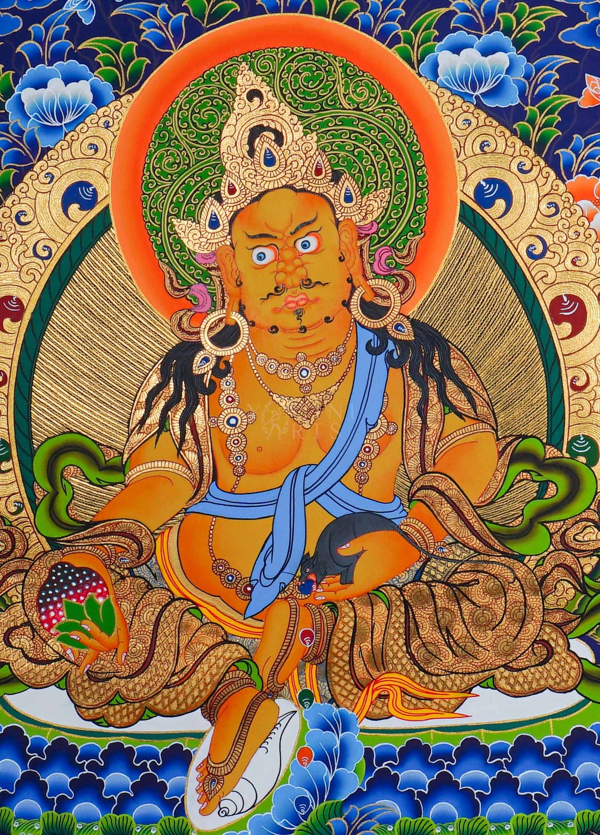 Hand painted Zambala Thangka painting depicting the Buddhist deity of prosperity seated on a lotus throne in traditional Nepalese Buddhist art