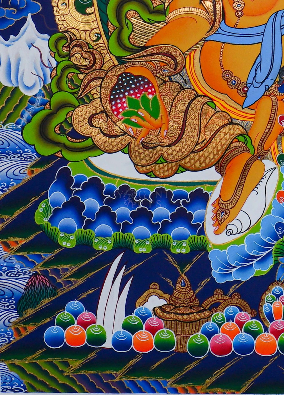 Hand painted Zambala Thangka painting depicting the Buddhist deity of prosperity seated on a lotus throne in traditional Nepalese Buddhist art