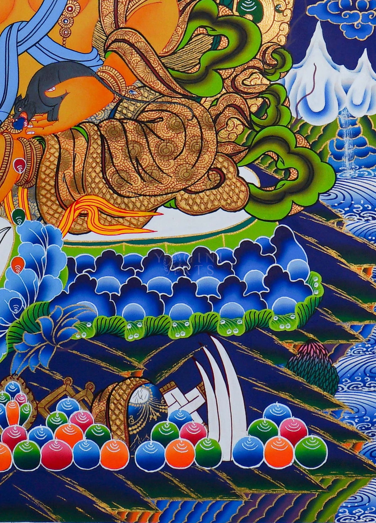Hand painted Zambala Thangka painting depicting the Buddhist deity of prosperity seated on a lotus throne in traditional Nepalese Buddhist art