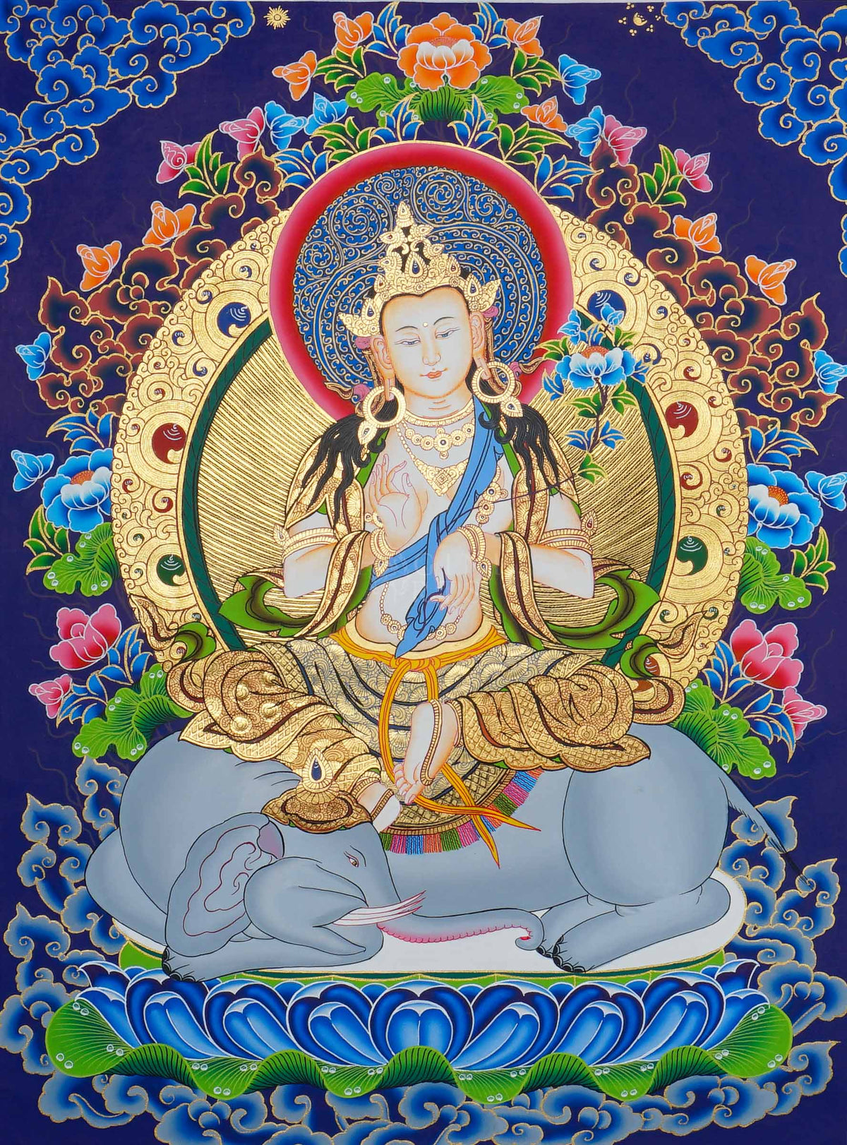 Hand painted Fusen Fusa Thangka painting depicting Samantabhadra Bodhisattva seated on a white elephant in traditional Nepalese Buddhist art