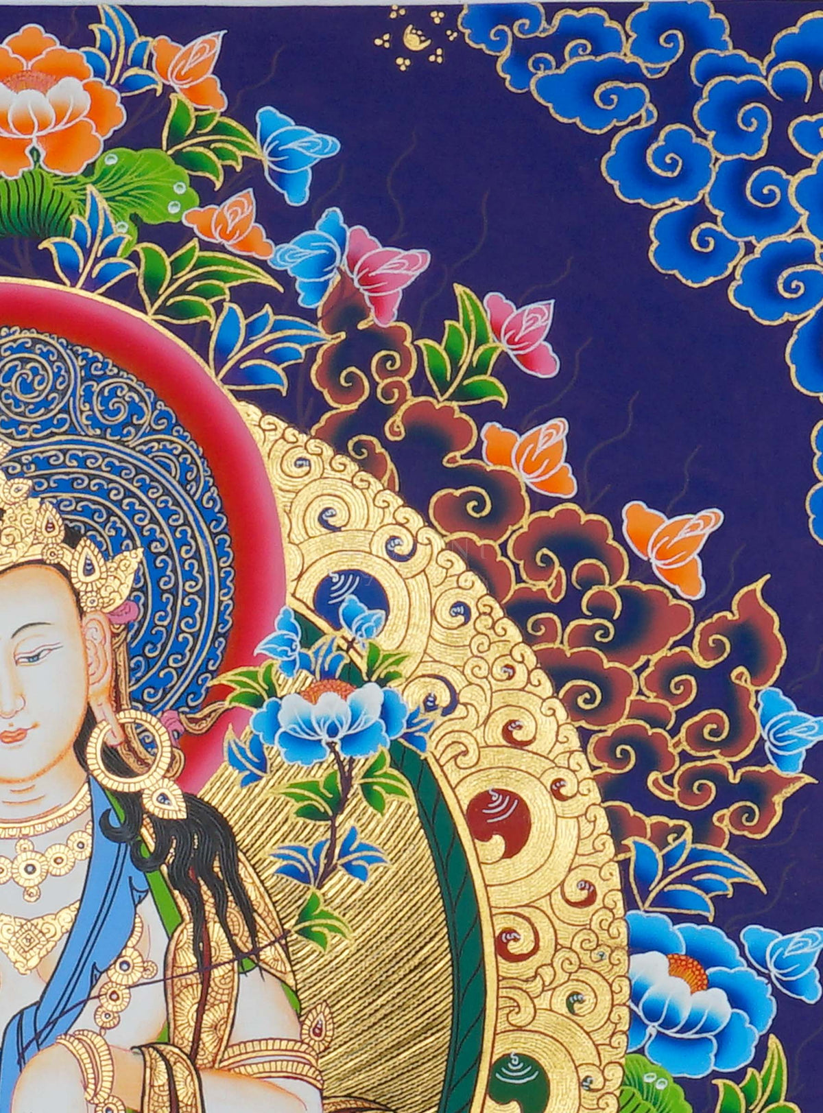 Hand painted Fusen Fusa Thangka painting depicting Samantabhadra Bodhisattva seated on a white elephant in traditional Nepalese Buddhist art