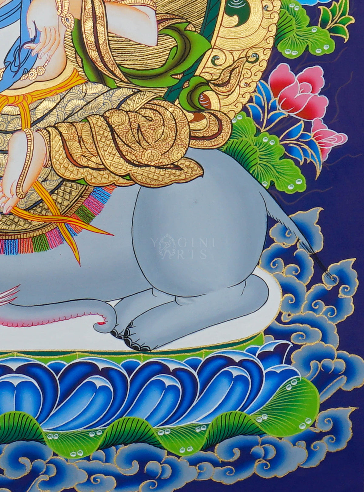 Hand painted Fusen Fusa Thangka painting depicting Samantabhadra Bodhisattva seated on a white elephant in traditional Nepalese Buddhist art