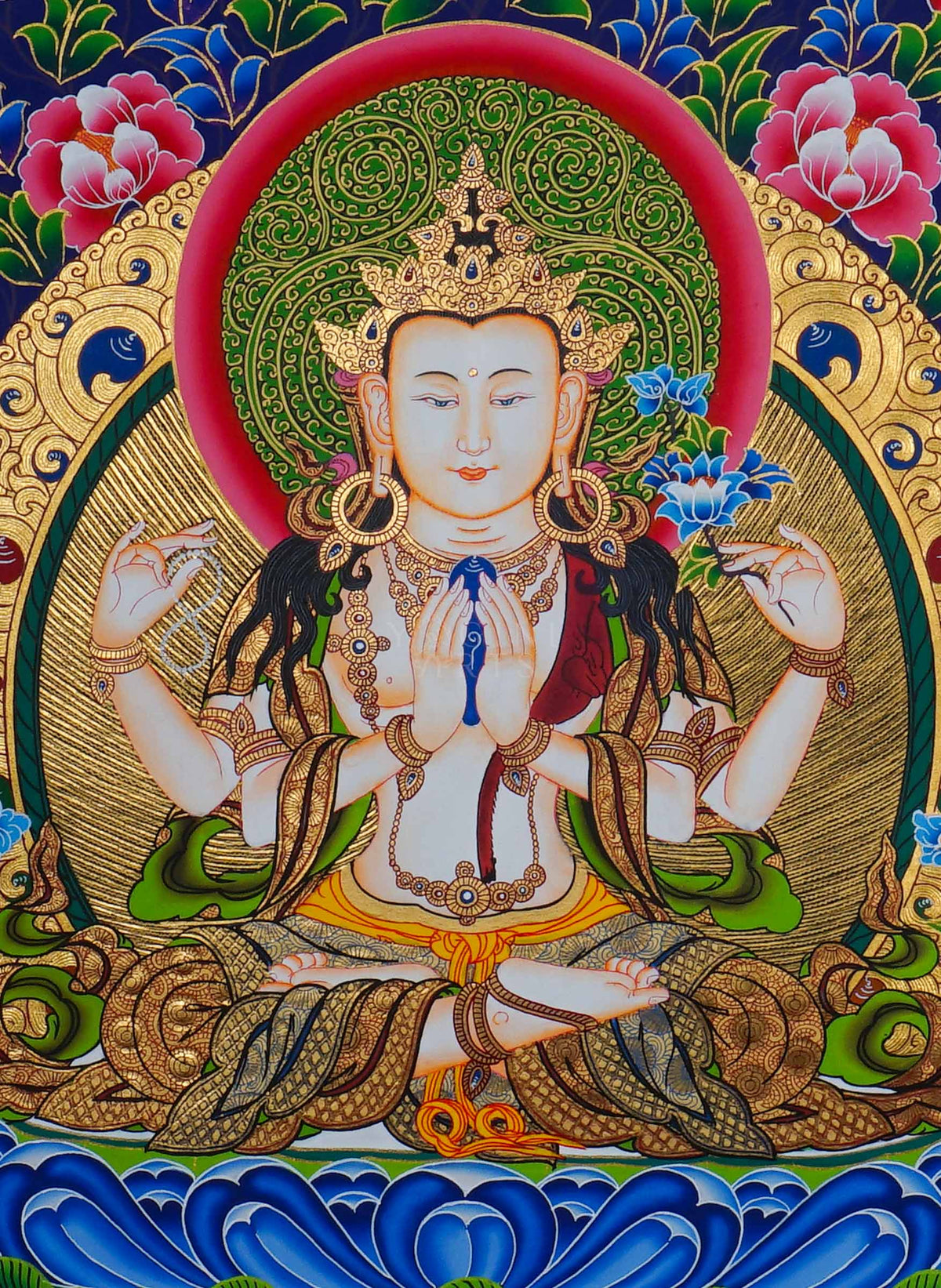 Hand painted Chengresi Thangka painting depicting four-armed Avalokiteshvara seated on a lotus throne in traditional Nepalese Buddhist art