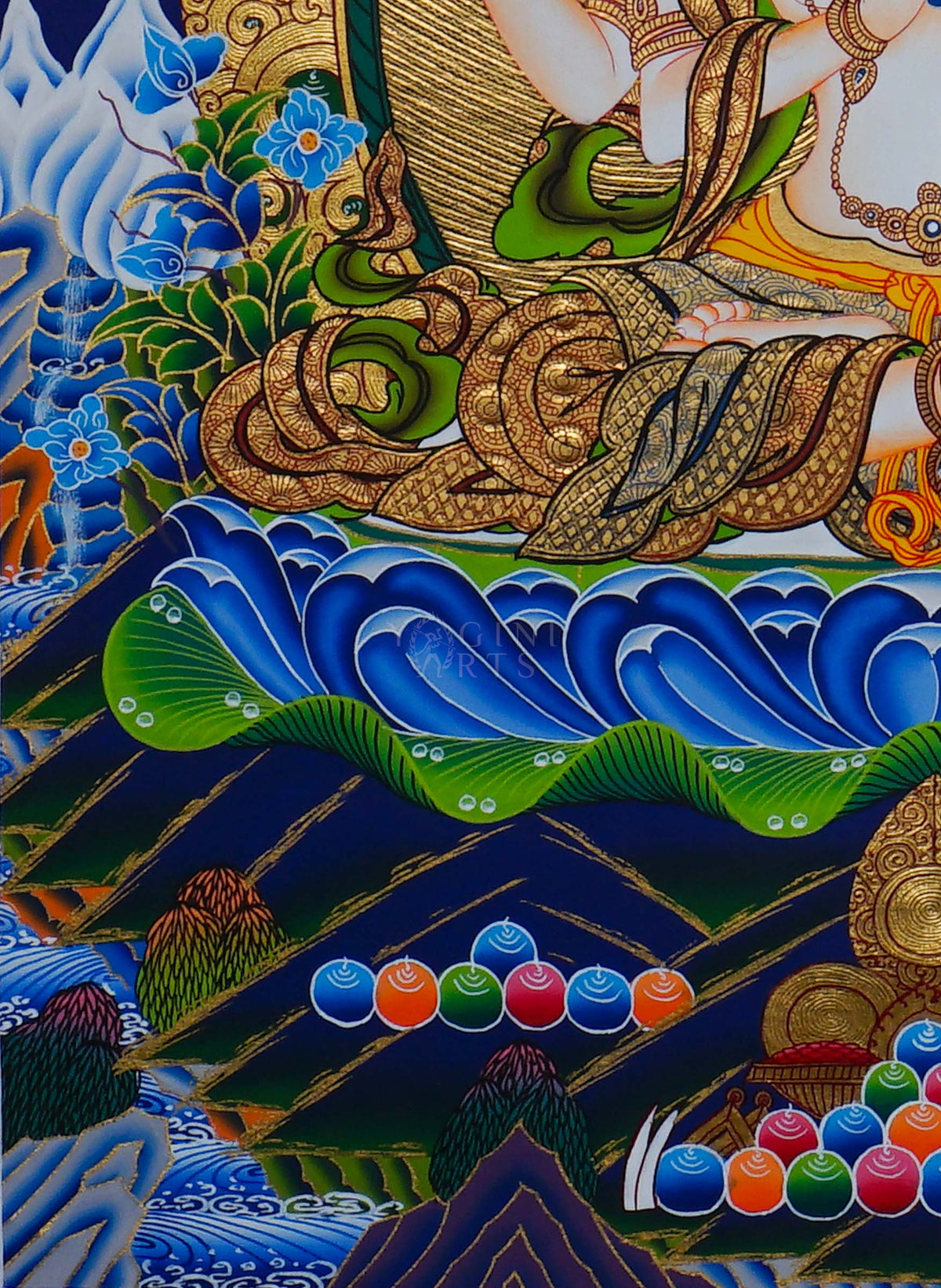 Hand painted Chengresi Thangka painting depicting four-armed Avalokiteshvara seated on a lotus throne in traditional Nepalese Buddhist art