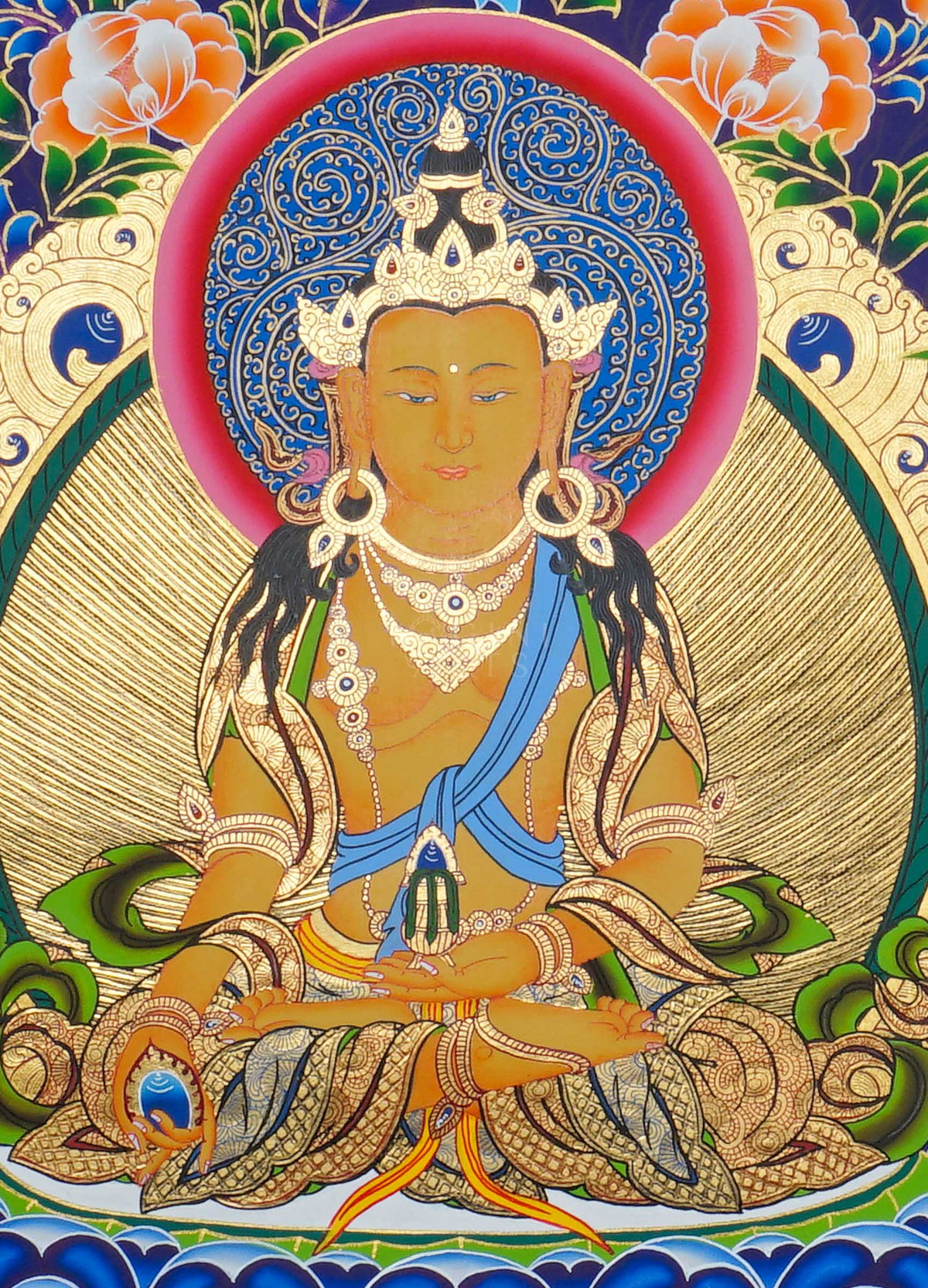 Hand painted Amitayus Thangka painting depicting the Buddha of Long Life seated in meditation on a lotus throne