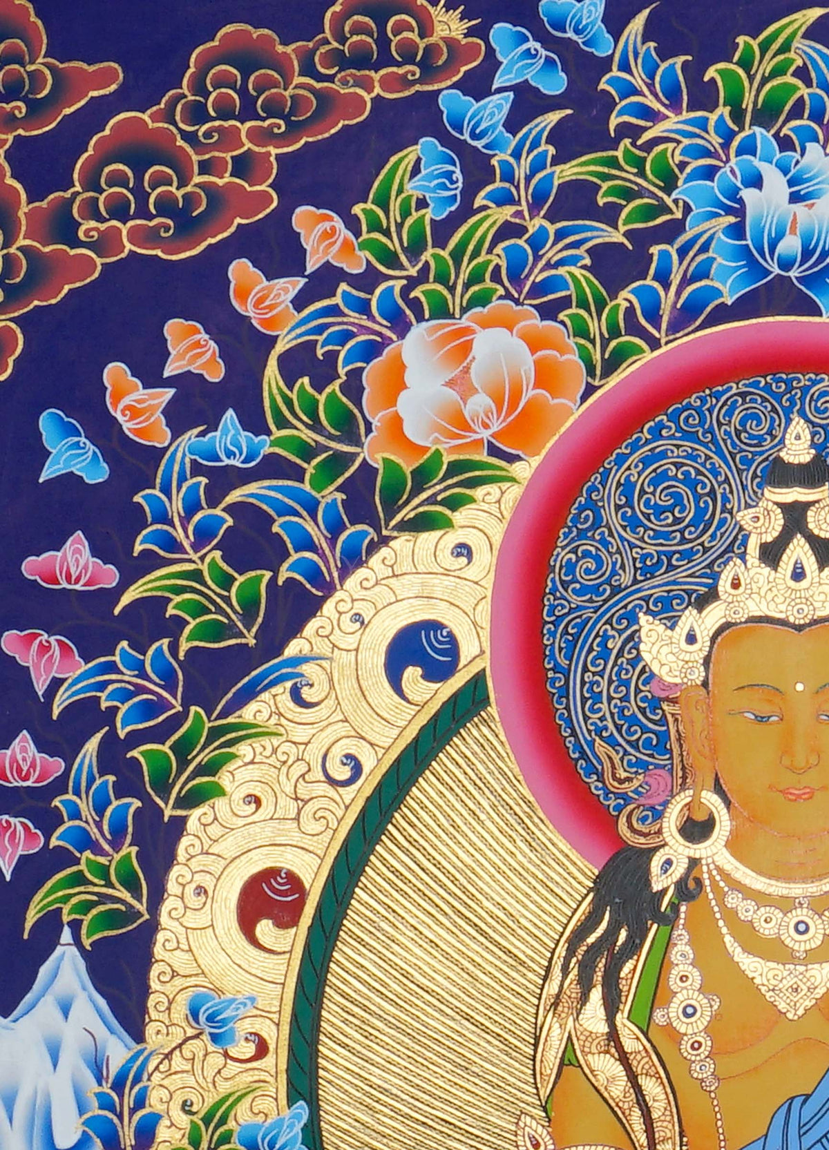Hand painted Amitayus Thangka painting depicting the Buddha of Long Life seated in meditation on a lotus throne