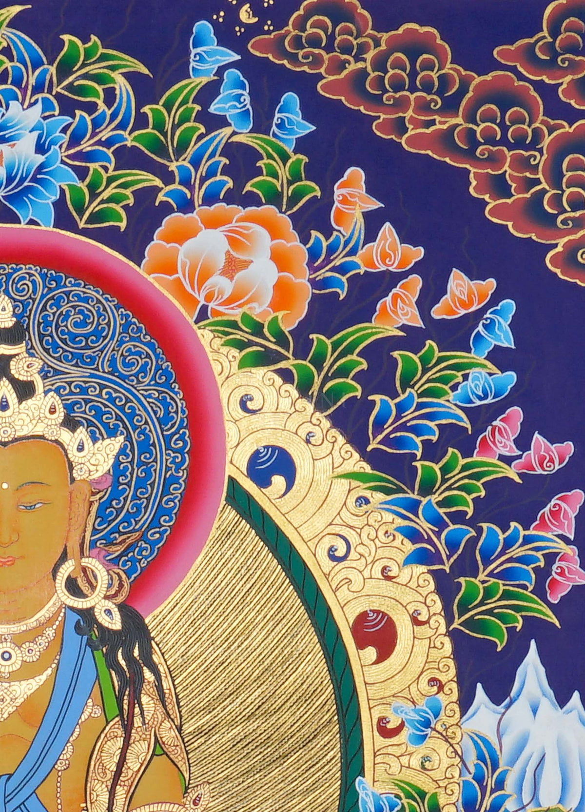 Hand painted Amitayus Thangka painting depicting the Buddha of Long Life seated in meditation on a lotus throne