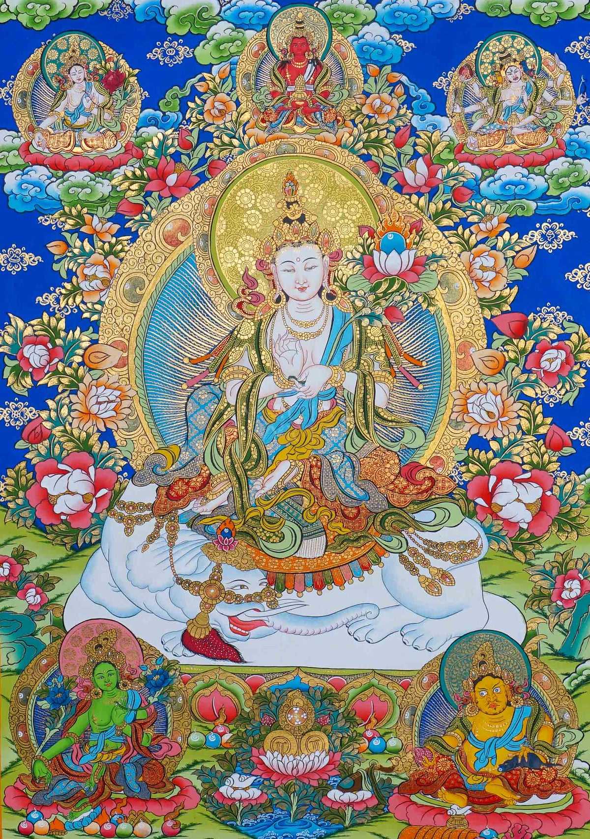 Hand painted Fusen Fusa Thangka painting depicting Fusen Fusa seated on a white elephant surrounded by flowers and Buddhist figures