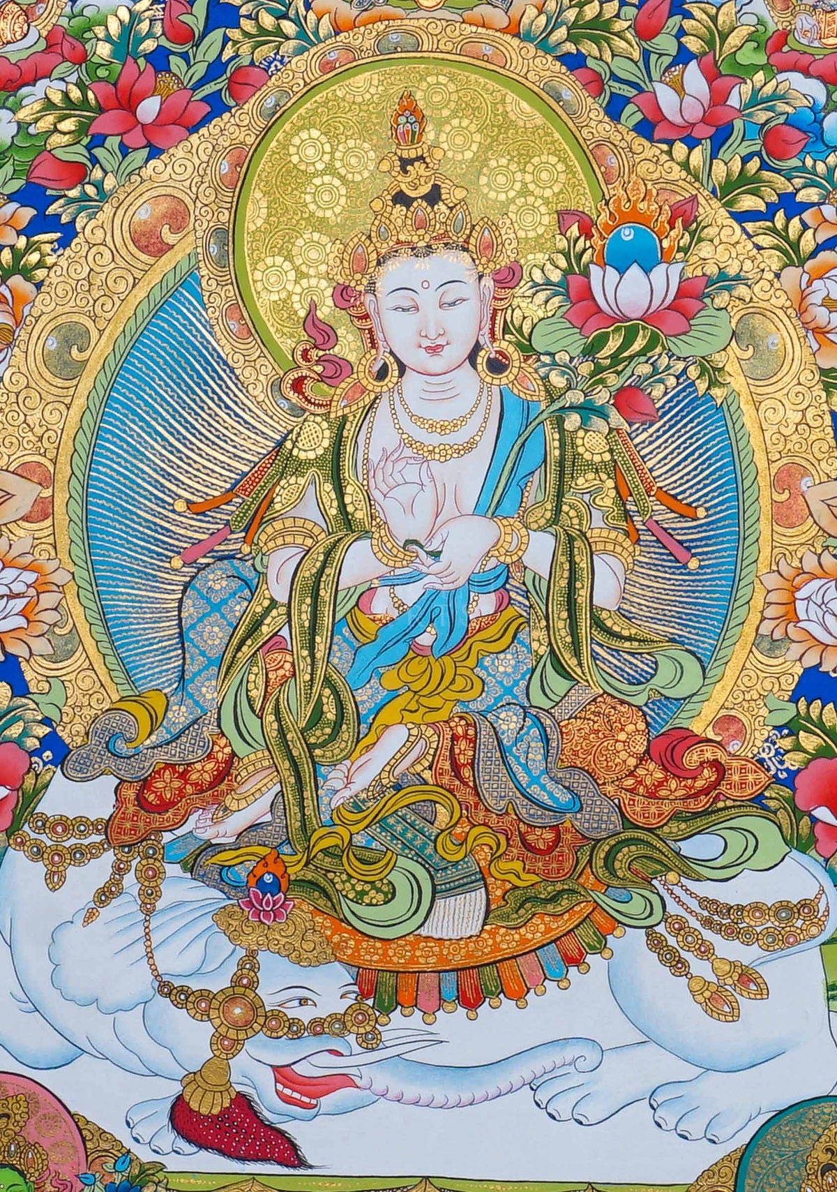 Hand painted Fusen Fusa Thangka painting depicting Fusen Fusa seated on a white elephant surrounded by flowers and Buddhist figures