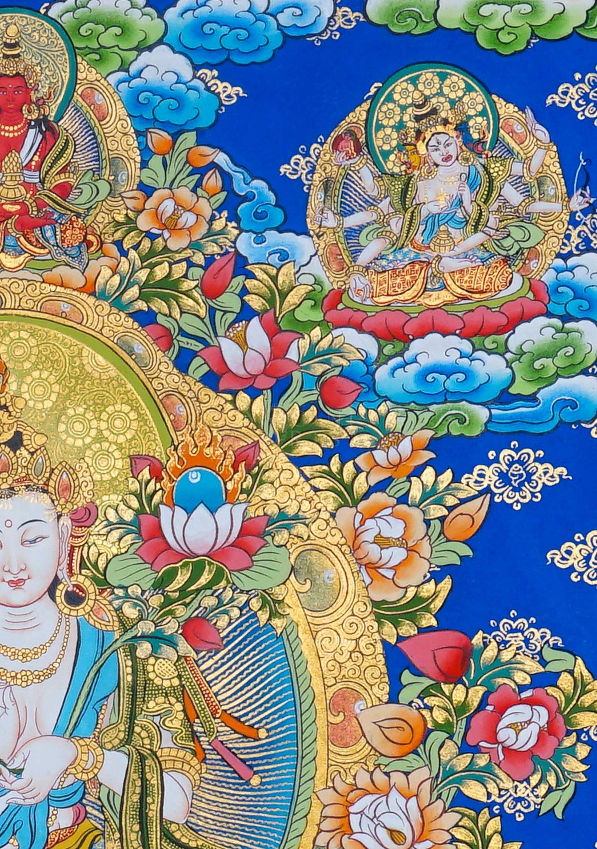 Hand painted Fusen Fusa Thangka painting depicting Fusen Fusa seated on a white elephant surrounded by flowers and Buddhist figures