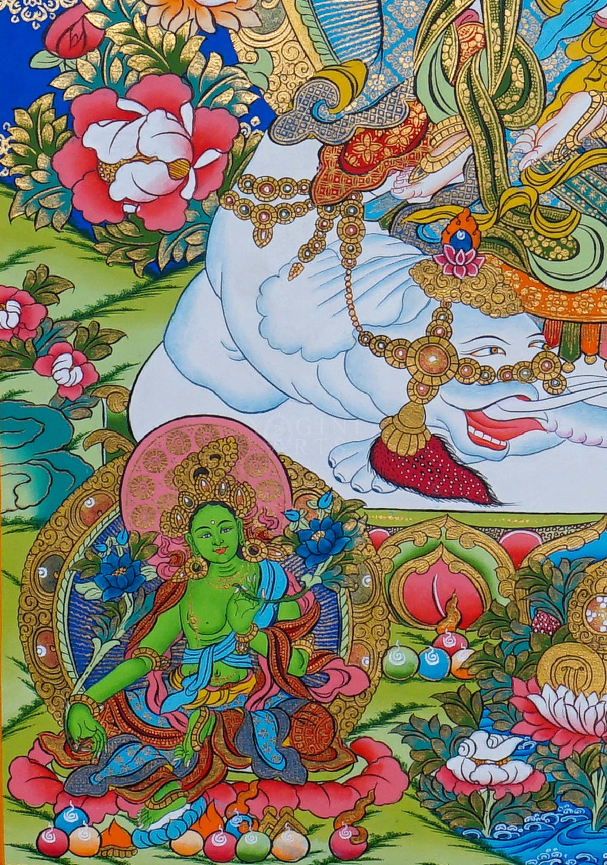 Hand painted Fusen Fusa Thangka painting depicting Fusen Fusa seated on a white elephant surrounded by flowers and Buddhist figures