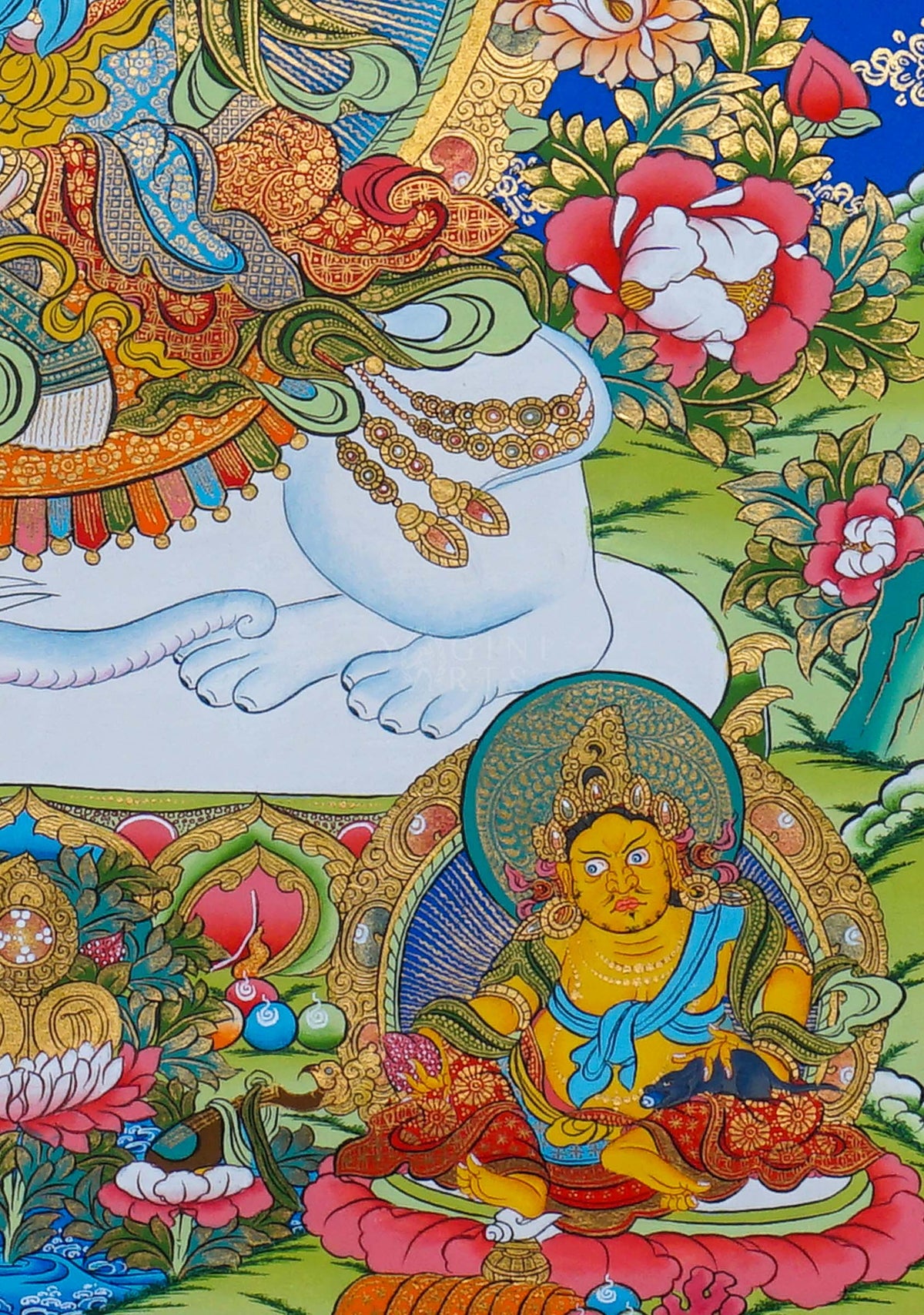 Hand painted Fusen Fusa Thangka painting depicting Fusen Fusa seated on a white elephant surrounded by flowers and Buddhist figures