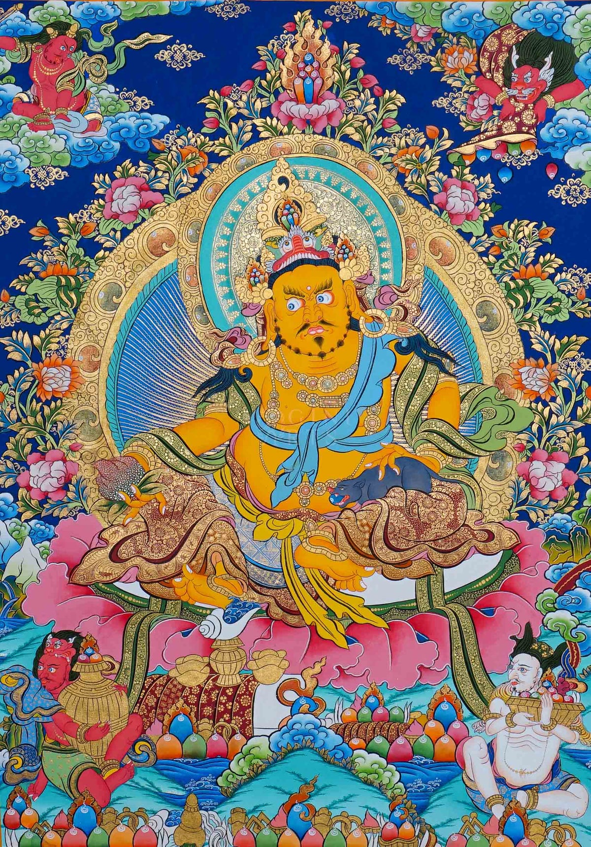 Hand painted Zambala Thangka painting depicting the Buddhist deity of prosperity with a mongoose and offerings in traditional Nepalese Buddhist art