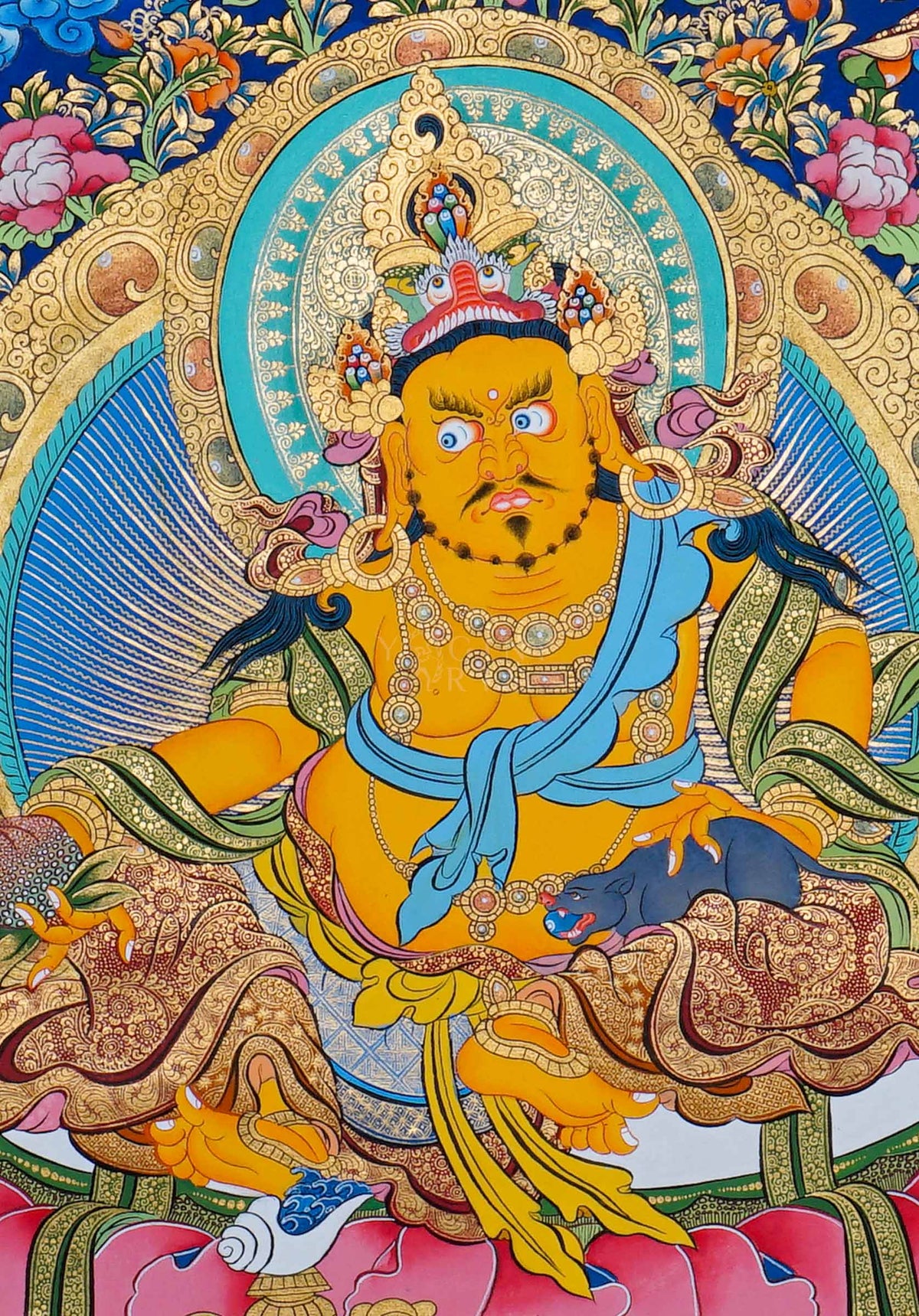 Hand painted Zambala Thangka painting depicting the Buddhist deity of prosperity with a mongoose and offerings in traditional Nepalese Buddhist art
